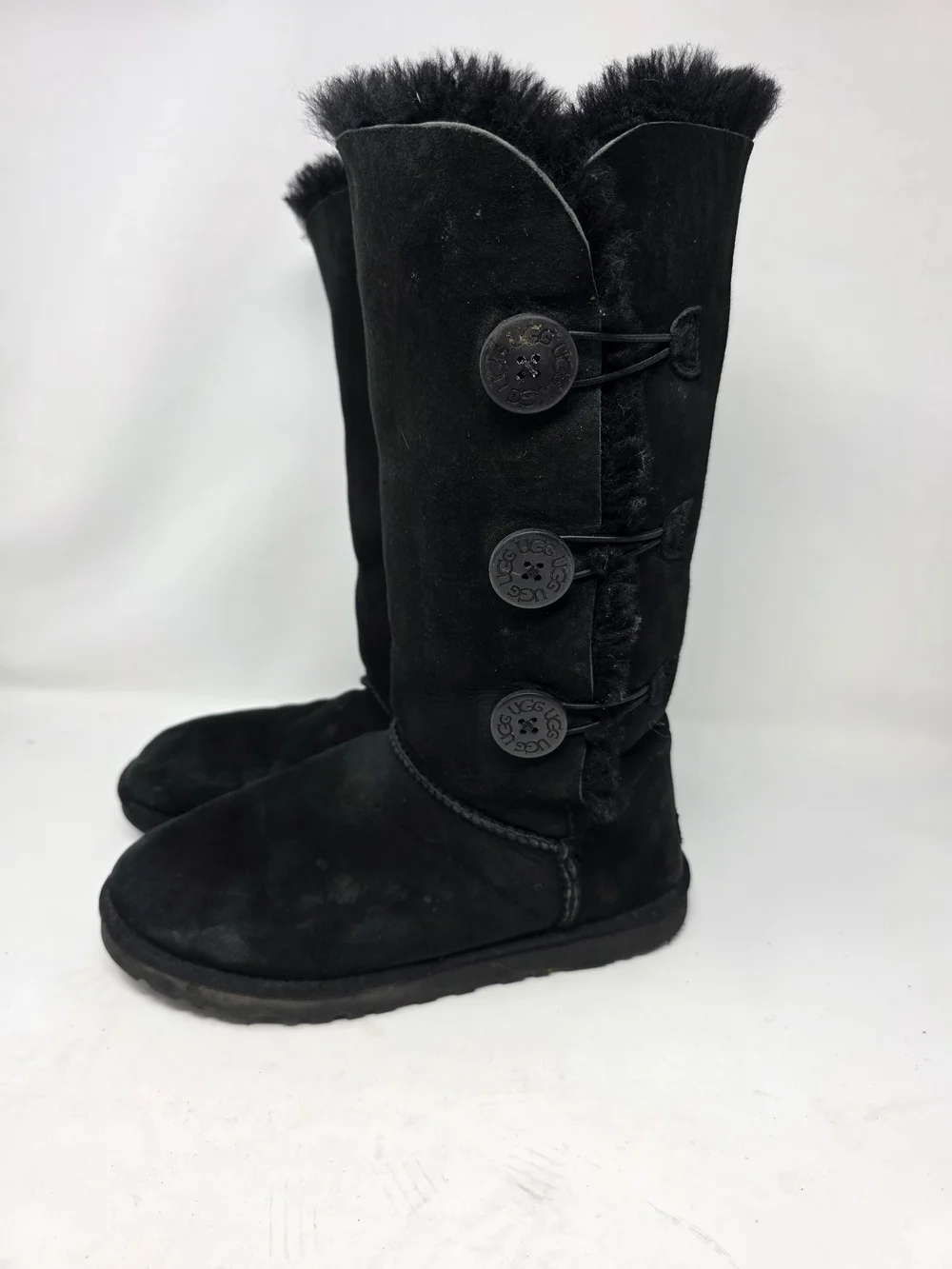 UGG Australia Bailey Button Triplet Boots Womens Black Suede Shearling Tall 9